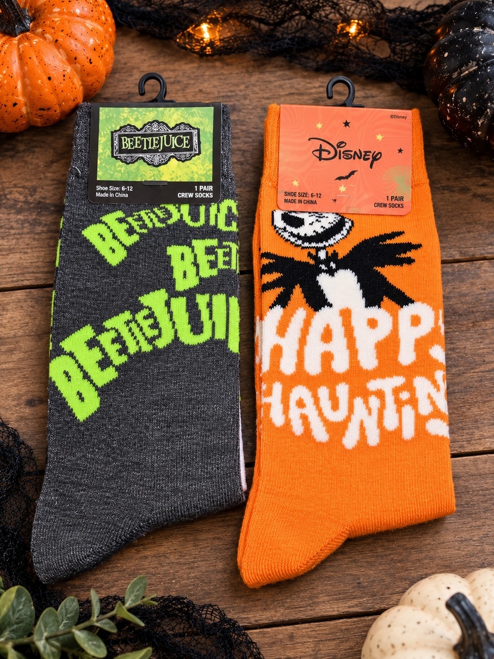 Disney Beetlejuice Halloween Crew Socks 2 Pair Jack Skellington Shoe Size 6-12